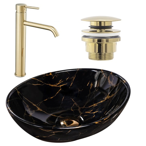 Neuesbad Set Aufsatzwaschtisch Sofia marble black + Waschbeckenarmatur Lungo gold + Ablaufgarnitur g