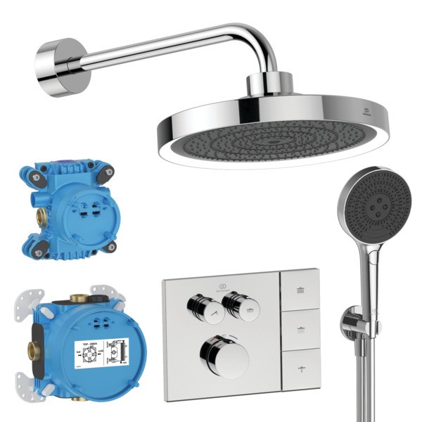 Ideal Standard Armaturen-Paket 02 Ceratherm Navigo Brausethermostat, Regenbrause, HB Chrom, A7893AA