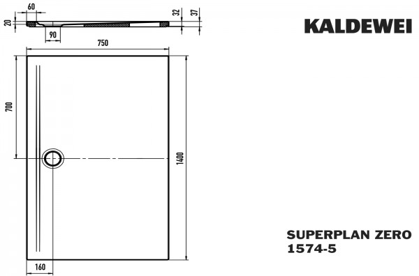 Kaldewei Duschwanne SUPERPLAN ZERO Mod.1574-5, 750 x 1400, sm100,Wt extrafl.