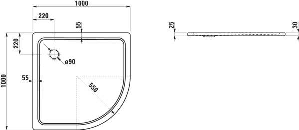 LAUFEN Duschwanne PLATINA 1000x1000x25 Stahl Ablauf Viertelkreis