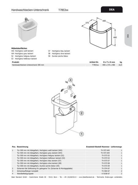 Ideal Standard Schranktür DEA, für HWB-US b:500mm, TV073S7 mit Ablage, Hochglanz blau lackiert