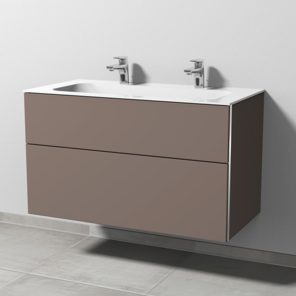 Sanipa 3way Keramik-Set Finion Keramik-Doppelwaschtisch und Unterbau mit 2 Auszügen, Taupe-Matt