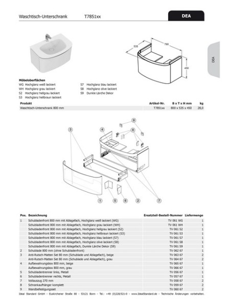 Ideal Standard Schubladenfront DEA, für WT-US b:800mm, TV061S3 mit Ablage, Hochglanz hellbraun lacki