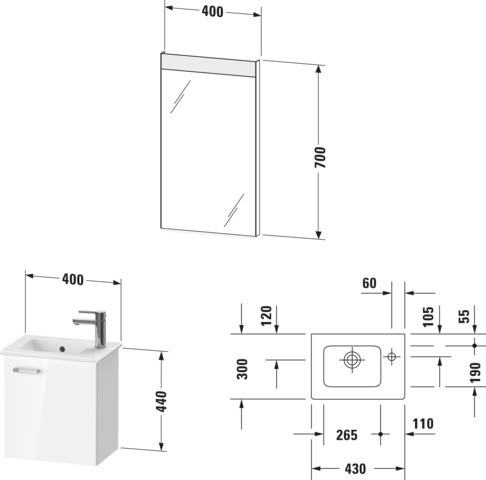 Duravit XBase Möbelwaschtisch mit Waschtischunterbau und Spiegel 400x288x2000 mm - XB0065L30300000