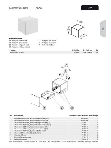 Ideal Standard Schubladenfront DEA, für SS b:300mm, TV075S2 mit Ablage, Hochglanz hellgrau lackiert