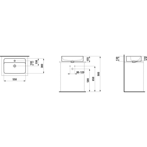 Laufen Waschtisch-Schale SAVOY 380x550x155 rechteckig mit Hahnlochbank m.Hl m.Ül. weiß matt