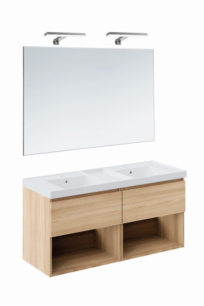 Cosmic Bbest Set Schrank 2 Schubladen 2 Ablagen + Teckstone-Becken + Spiegel + Leuchte, Eiche Natur,